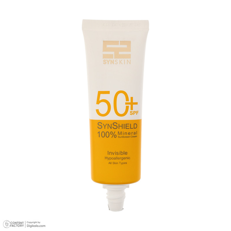 کرم ضد آفتاب بدون رنگ ساین اسکین SPF 50 مدل SYN Shield Mineral محافظ UVA ،UVB، ضد حساسیت، مناسب انواع پوست حجم 50 میل...