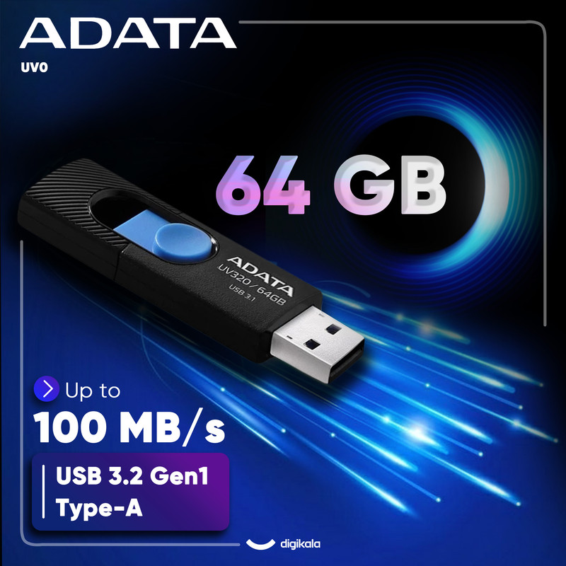 فلشمموری کشویی ای دیتا مدل UV320 ظرفیت 64 گیگابایت با رابط USB 3.2 Gen1 سرعت انتقال تا 10 گیگابیت بر ثانیه و سازگار ب...