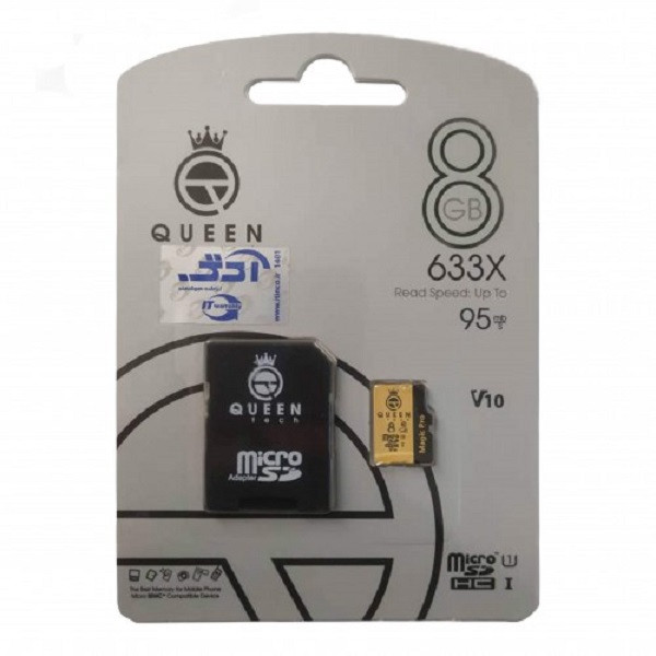 کارت حافظه Micro SD HC کوئین تک مدل A2-V10-633X کلاس 10 استاندارد UHS-l U3 سرعت 95MBps ظرفیت 8 گیگابایت به همراه آداپ...