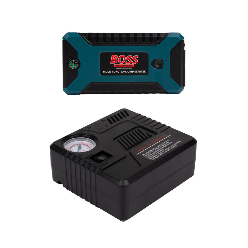 جامپ استارتر و پمپ باد خودرو و پاوربانک و چراغ LED باس مدل چهارکاره کد BS-JS9601 ظرفیت 6000 آمپر
