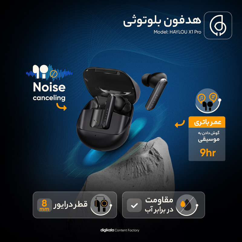 هدفون بلوتوثی هایلو مدل X1 Pro با نویز کنسلینگ فعال ANC، درگاه شارژ USB Type-C، دارای سه میکروفون در هر ایرباد، مقاوم...
