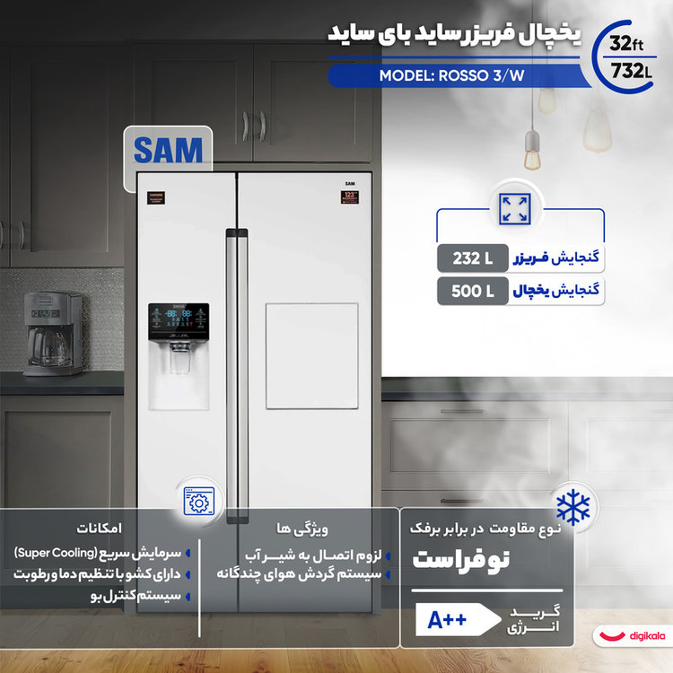یخچال فریزر ساید بای ساید 32 فوت سام مدل ROSSO 3W