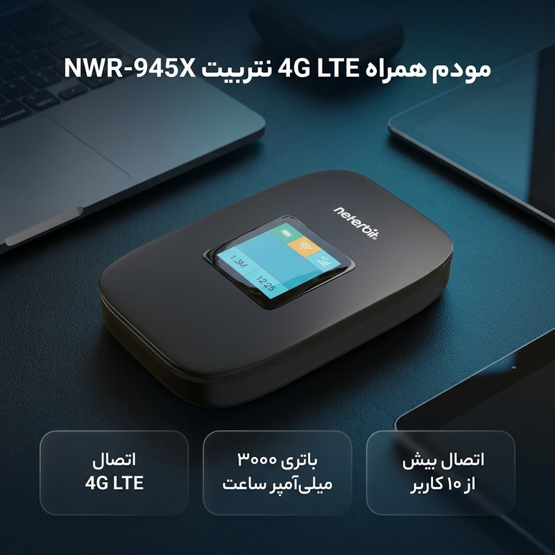 مودم همراه 4G LTE نتربیت مدل NWR-945X با باتری 3000 میلیآمپر ساعت، پشتیبانی از Wi-Fi 6، سرعت دانلود تا 150 مگابیت بر ...