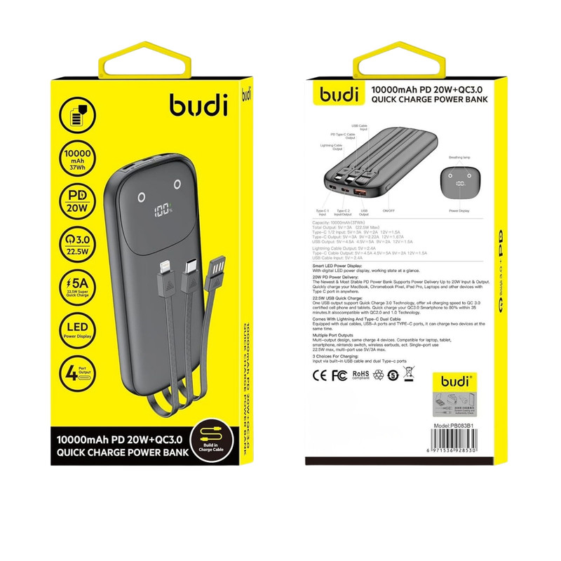 پاوربانک 22.5 وات بودی مدل PB083B1 ظرفیت 10000 میلیآمپرساعت به همراه سه کابل USB-A، USB-C و لایتنینگ