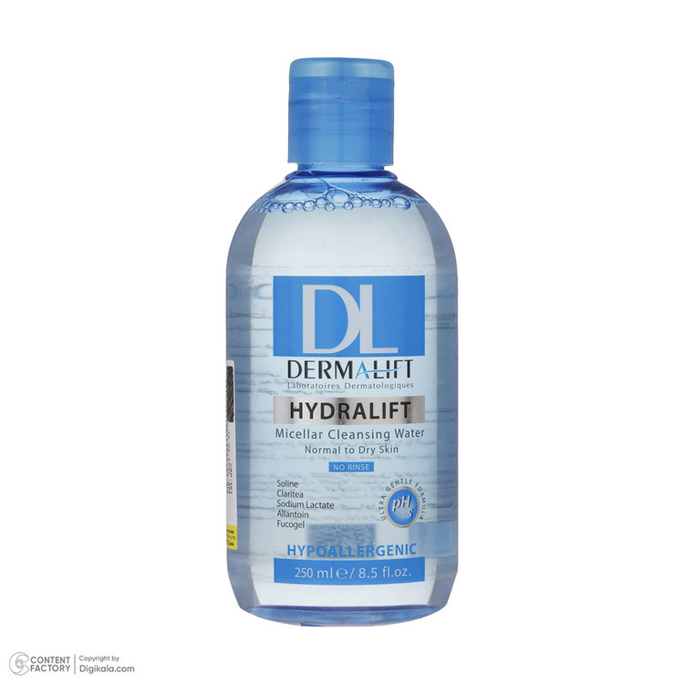 محلول پاک کننده آرایش صورت درمالیفت مدل HYDRALIFT مناسب برای پوست های معمولی و خشک حجم 250 میلی لیتر