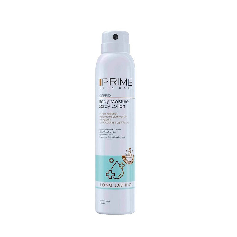 اسپری لوسیون آبرسان بدن پرایم مدل Long Lasting حجم 200 میلیلیتر با ماندگاری 24 ساعته، بافت غیرچرب، حاوی آلوئه ورا، عص...