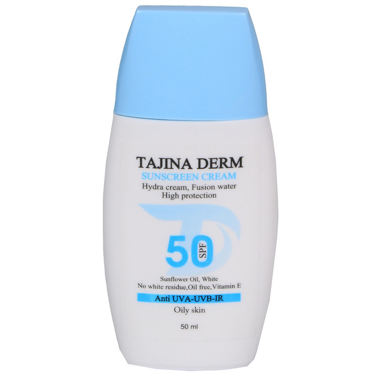 کرم ضد آفتاب بیرنگ تاجینادرم SPF 50 مدل oily محافظ UVAUVB مناسب برای پوست های چرب حجم 50 میلیلیتر
