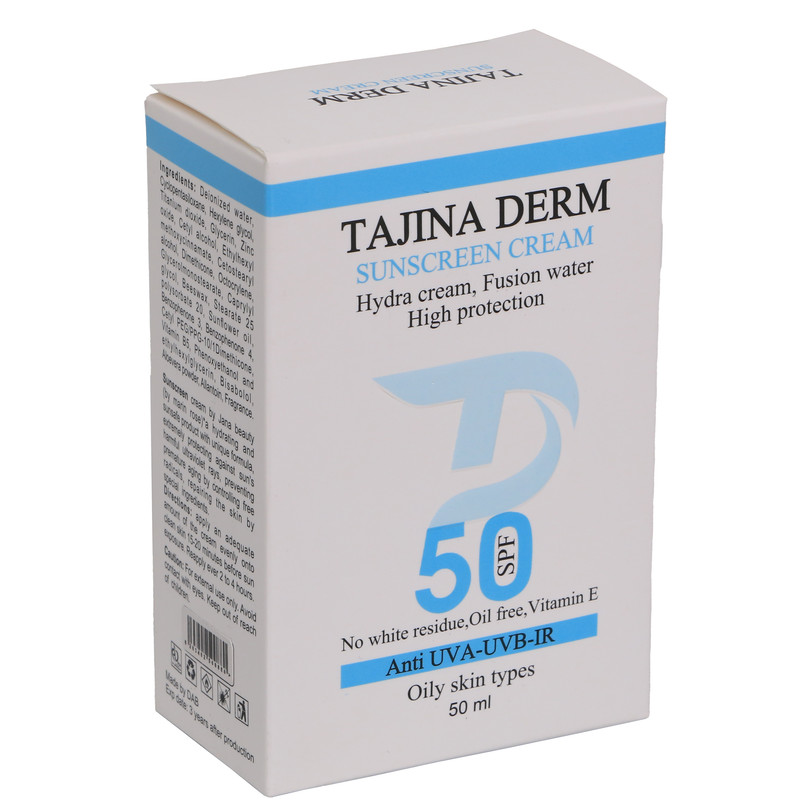 کرم ضد آفتاب بیرنگ تاجینادرم SPF 50 مدل oily محافظ UVAUVB مناسب برای پوست های چرب حجم 50 میلیلیتر