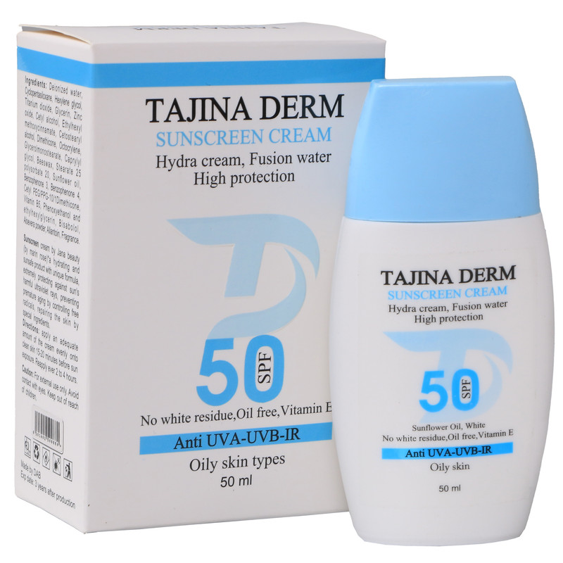 کرم ضد آفتاب بیرنگ تاجینادرم SPF 50 مدل oily محافظ UVAUVB مناسب برای پوست های چرب حجم 50 میلیلیتر