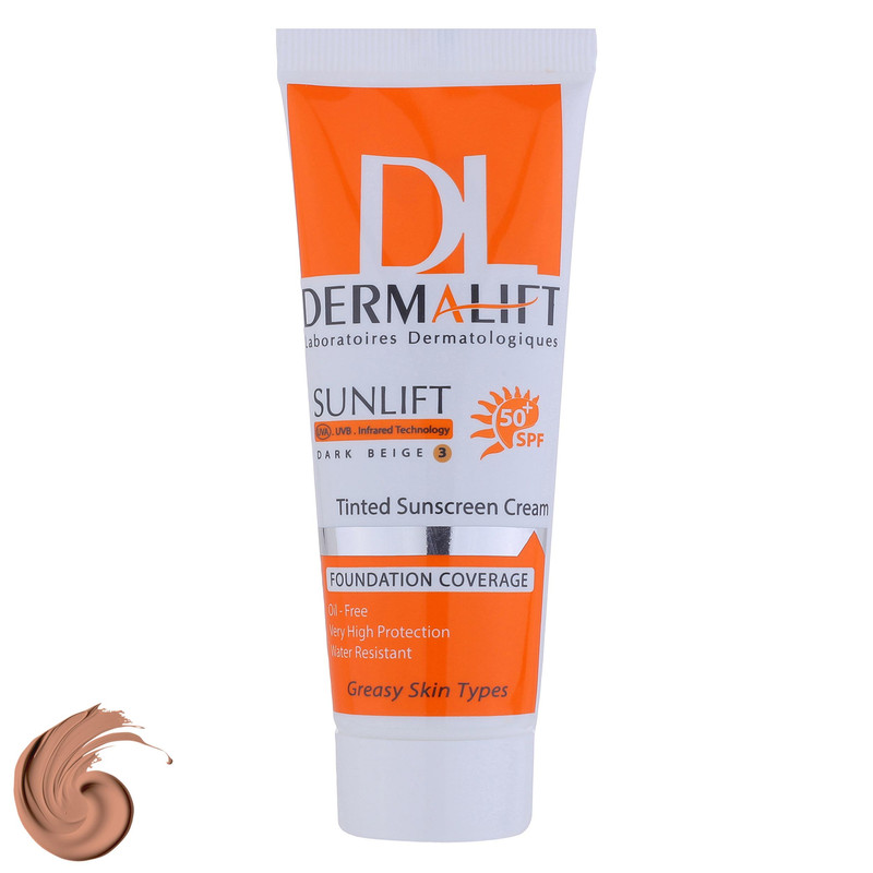 کرم ضد آفتاب رنگی درمالیفت مدل سانلیفت SPF 50 حاوی محافظ UVA و UVB، ضد آب، ضد پیری، ضد جوش و آکنه، مناسب پوست چرب حجم...