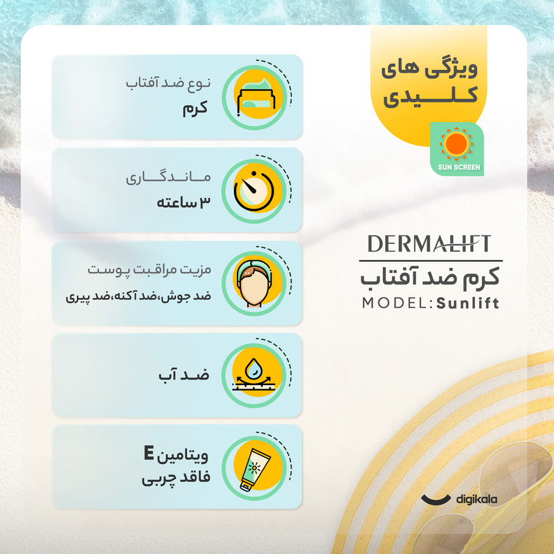 کرم ضد آفتاب رنگی درمالیفت مدل سانلیفت SPF 50 حاوی محافظ UVA و UVB، ضد آب، ضد پیری، ضد جوش و آکنه، مناسب پوست چرب حجم...
