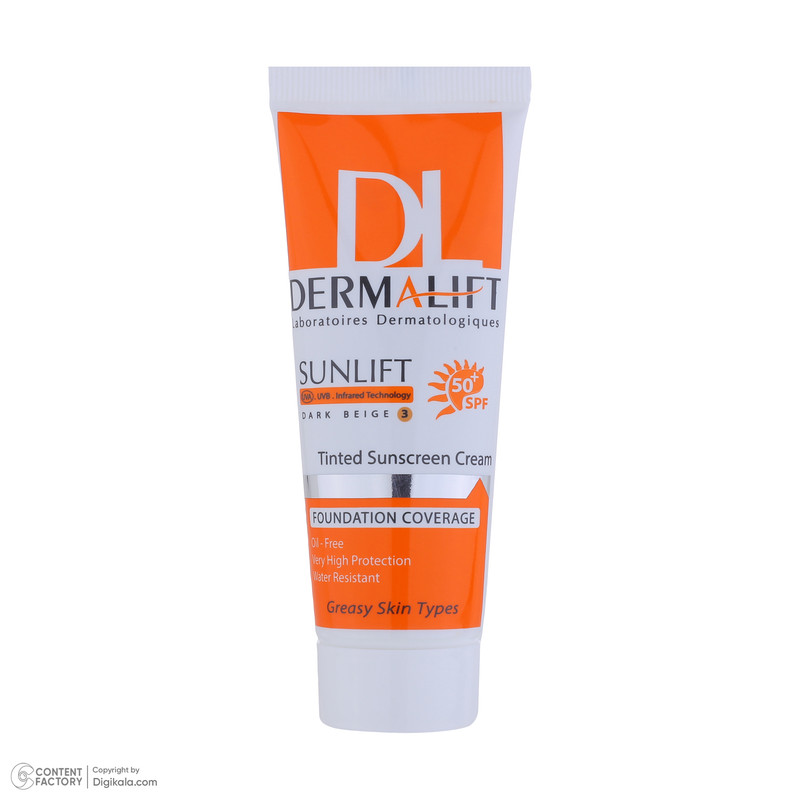 کرم ضد آفتاب رنگی درمالیفت مدل سانلیفت SPF 50 حاوی محافظ UVA و UVB، ضد آب، ضد پیری، ضد جوش و آکنه، مناسب پوست چرب حجم...