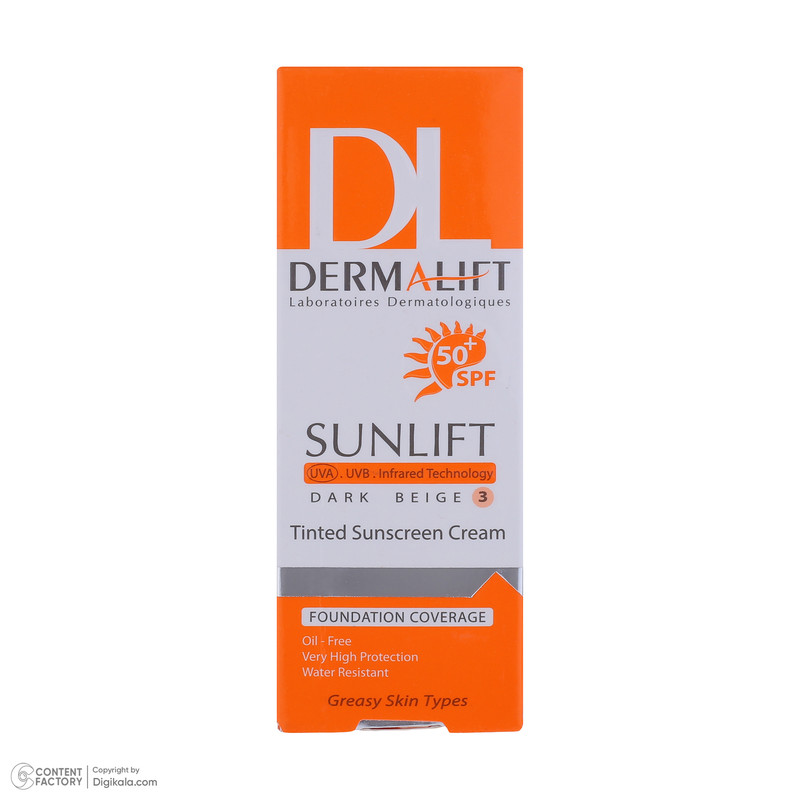 کرم ضد آفتاب رنگی درمالیفت مدل سانلیفت SPF 50 حاوی محافظ UVA و UVB، ضد آب، ضد پیری، ضد جوش و آکنه، مناسب پوست چرب حجم...