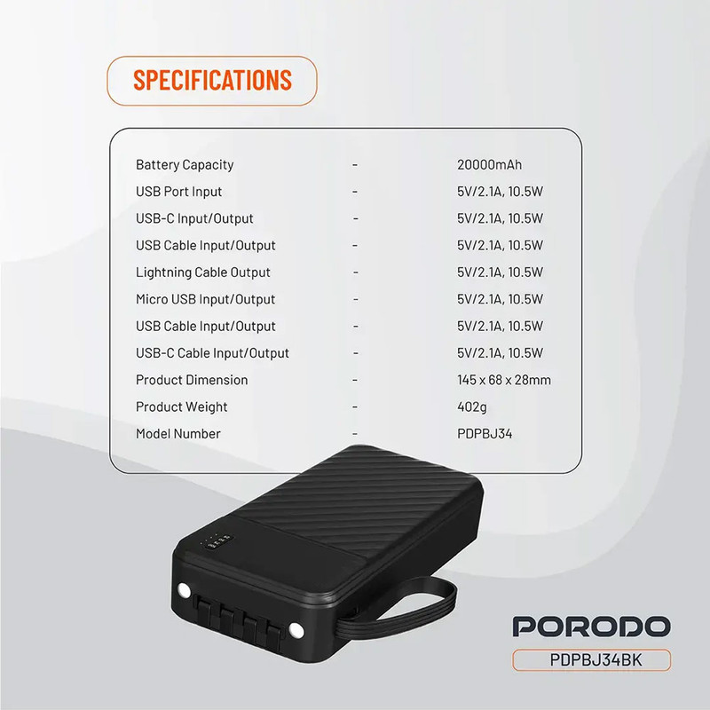 پاوربانک 10.5 وات پرودو مدل Piano PDPBJ34BK ظرفیت 20000 میلیآمپرساعت