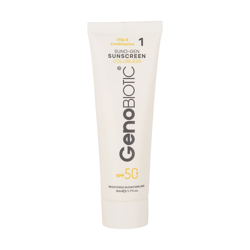 کرم ضدآفتاب بیرنگ ژنوبایوتیک SPF50 مدل 01 محافظ UVA ،UVB، مناسب پوستهای مختلط و چرب، حجم 50 میلیلیتر