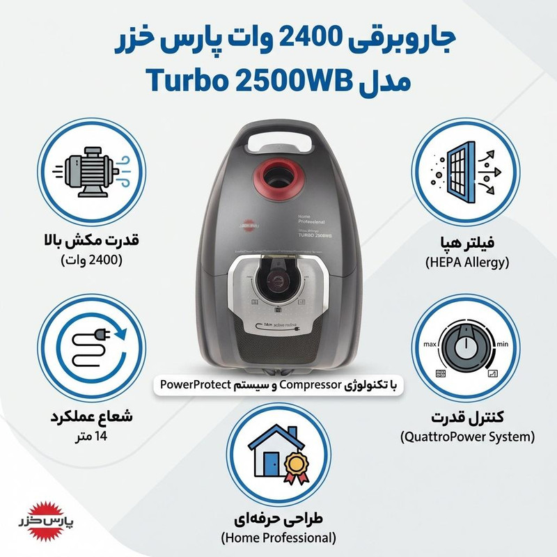 جاروبرقی 2400 وات پارس خزر مدل Turbo 2500WB